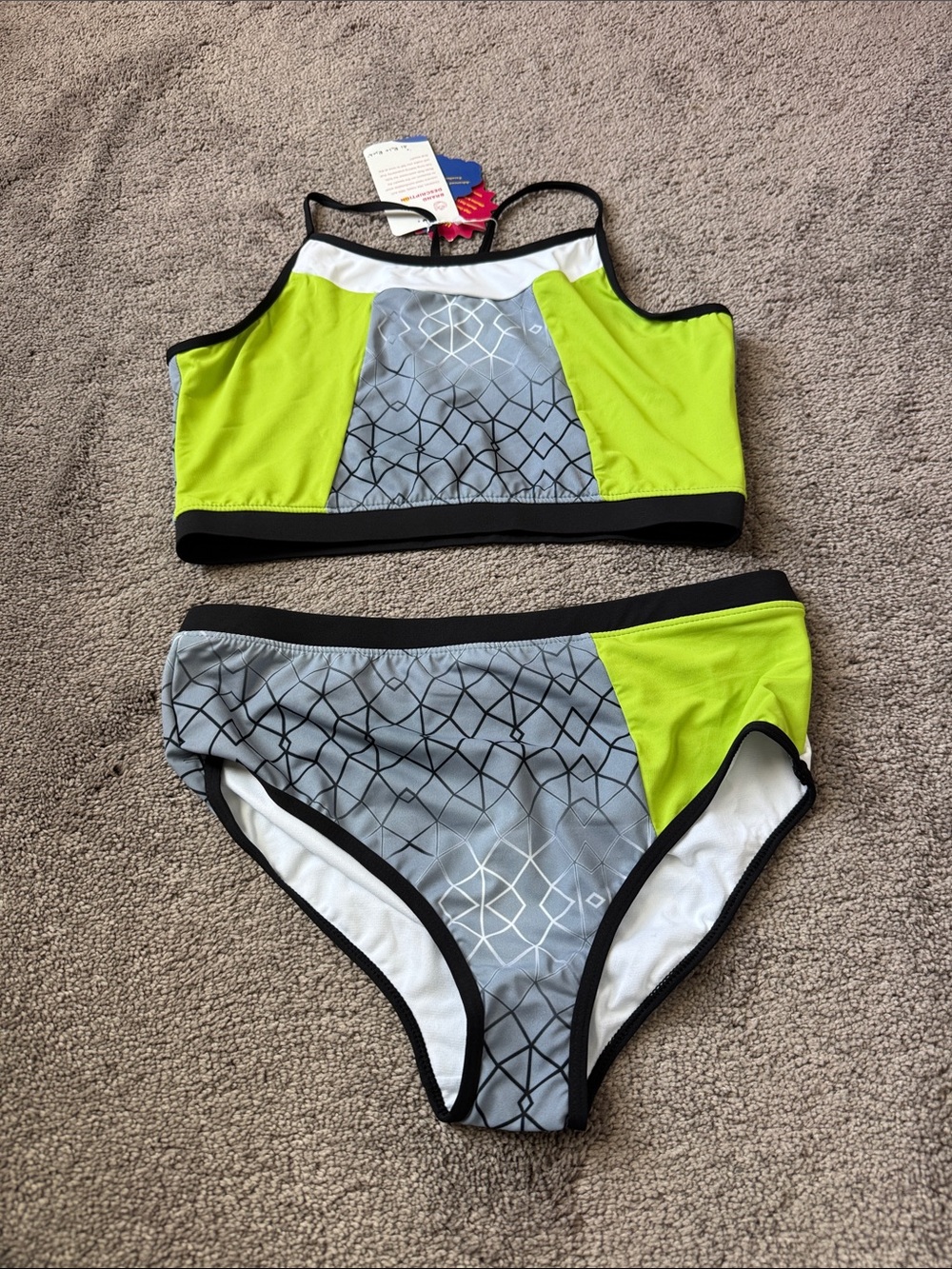As Rose Rich Geometric High Neck Bikini Set Neon Lime Gray SIZE XL NWT